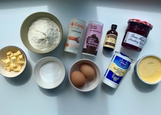 Flatlay of ingredients needed to make a gluten free afternoon tea